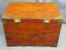 VINTAGE CAMPHORWOOD CHEST with brass strapping, iron carry handles and inset lift handles to the