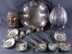 COPPER JELLY MOULD, porcelain and white metal coasters, an interesting white metal ice bucket and an