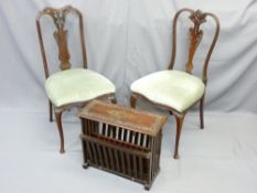 TWO VICTORIAN MAHOGANY SALON CHAIRS with carved detail and a reproduction mahogany magazine rack