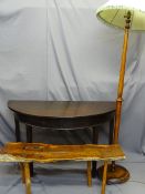 MAHOGANY D-END, RUSTIC LONG-JOHN TABLE and a polished standard lamp