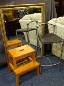 GILT FRAMED BEVEL GLASS WALL MIRROR, fine quality, 113 x 87cms, kitchen steps and a kitchen stool