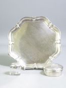 SILVER FOUR FOOTED CALLING CARD TRAY, 15.75cms Diameter, a circular lidded box and a small glass