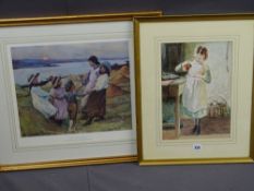 ENGLISH SCHOOL watercolour - 'Pouring Milk', 34 x 25cms along with a print - 'Ring a Ring o' Roses'