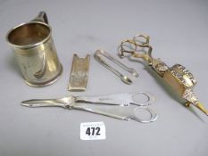 SILVER & EPNS ITEMS including a hallmarked comb case (damaged), a pair of grape scissors and a