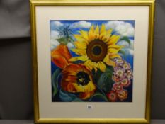 ELIAN McCREADY watercolour - colourful still life, floral study of sunflower and other flowers,
