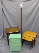 VINTAGE FURNITURE, a parcel to include a Lloyd Loom type linen basket, set of three occasional