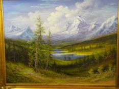 UNSIGNED, OIL ON CANVAS - Expansive Alpine scene, 90 x 120cms