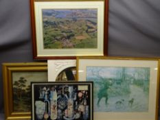 A DOME TOPPED CREAM FRAMED SMALL BEVELLED MIRROR,small parcel of prints and a framed coloured