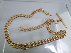 9CT GOLD ALBERT with graduated links, T bar and swivel, 57.7grms
