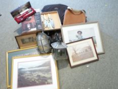 LEADED & STAINED GLASS OUTDOOR LAMP, quantity of prints, cutlery, holdalls ETC