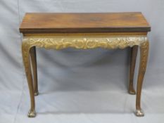 GEORGIAN & LATER FOLD-OVER MAHOGANY TEA TABLE with carved lower detail on ball and claw feet,