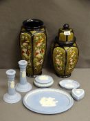 WEDGWOOD JASPERWARE, a small collection and two gilt decorated black vases by Decor Exclusive