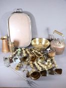 COPPER & BRASSWARE including gallery tray, kettle, candle holders ETC