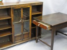 ANTIQUE OAK RECTANGULAR TOP TABLE and a vintage oak bookcase, the table with opening end drawers and