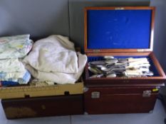 TWO MAHOGANY CUTLERY BOXES, one with contents and another wooden box and a quantity of mixed linen