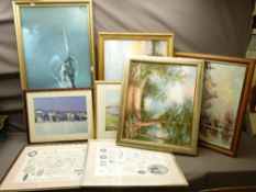 BARRY A F CLARKE print of a spitfire and quantity of other paintings and prints ETC