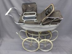 QUALITY VINTAGE SILVER CROSS PRAM with all original canvas, day bag and toddler pram top seat, 98cms