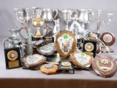 ELECTROPLATE, wine coasters, trophies, candelabra also pewterware and trophy shields