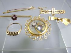 FOUR 15CT GOLD BAR BROOCHES, a possibly 14ct ring and an interesting untested yellow metal open-work