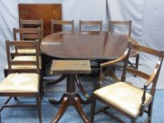 GOOD REGENCY MAHOGANY TRIPLE PEDESTAL DINING TABLE and seven (six plus one) chairs, one additional