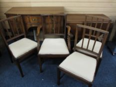 VINTAGE HARLEQUIN DINING SUITE of oak barley twist gate-leg table, four (three plus one) antique