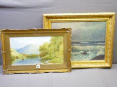 E M CRAGG watercolour - possibly Snowdonia landscape, 24 x 44cms and C KENZLER print of seascape