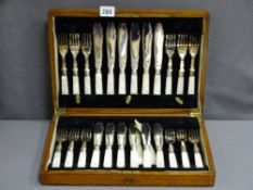 OAK CASED SET OF MOTHER OF PEARL HANDLED FISH KNIVES & FORKS, EPNS
