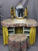 VINTAGE KIDNEY SHAPED DRESSING TABLE, stool and triple dressing mirror, 77cms H