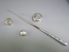 TWO CIRCULAR SILVER BOXES, Chester 1906 and London 1912, a lidded glass jar and a long-handled