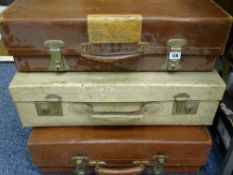 THREE VINTAGE TRAVEL SUITCASES, two brown and one white