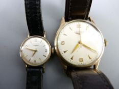 LONGINES, lady's and gent's 9ct gold cased wrist watches with leather straps, associated box and