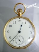 18CT POCKET WATCH with circular dial, sweep seconds dial, patterned outer lid and well- marked for