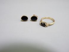 9CT GOLD BLACK STONE SET RING and a pair of similarly styled earrings, 4.8grms gross, ring size