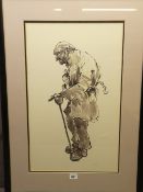 SIR KYFFIN WILLIAMS RA initialled print - farmer with stick, 59 x 35cms