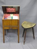 VINTAGE SEWING BOX & CONTENTS and three legged stool with 'Coat of Arms' carved detail