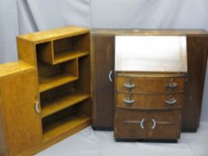 ART DECO OAK FALL-FRONT BUREAU-DRINKS CABINET, 90.5cms H, 105cms W, 45cms D and a bookcase