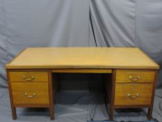 GOOD MID-CENTURY TEAK OFFICE DESK with inset writing surface, 77cms H, 183cms W, 88cms D