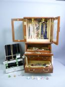 VINTAGE & OTHER COSTUME JEWELLERY in a bureau type jewellery box to include a set of nephrite jade