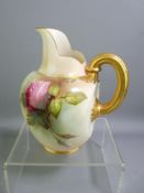 ROYAL WORCESTER - glazed flat-back jug with scuttle spout and gilt handle and finely painted roses