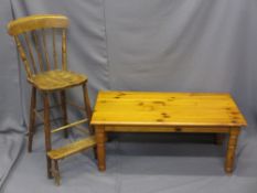 VINTAGE HIGH CHAIR with step base and a modern pine rectangular coffee table, various measurements