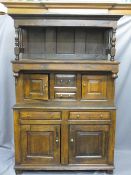 ANTIQUE & LATER OAK TRIDARN, the canopy top section with shaped slats and turned front supports over