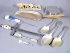 QUANTITY OF SILVER SPOONS, a mineral elephant train, crumb scoop ETC