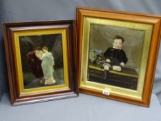 TWO VICTORIAN CRYSTOLEUMS of a young boy with riding crop, 27.5 x 24cms and a classical courting