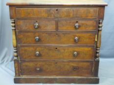 VICTORIAN MAHOGANY CHEST of six drawers with turned side pillars and wooden knobs on a plinth