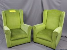 TWO VINTAGE UPHOLSTERED WINGBACK ROCKING ARMCHAIRS, 100cms H, 70cms W, 53cms seat D