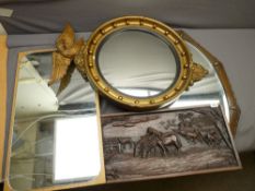 REGENCY BOBBLE CIRCULAR MIRROR with eagle surmount, other vintage mirrors and a carved wooden