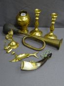 VINTAGE STYLE BRASS CARRIAGE HORN with a selection of other brassware ETC