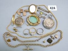 JEWELLERY, mixed, mainly yellow metal and two fob watches for restoration