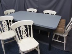 PAINTED FARMHOUSE TABLE with end drawers, 76cms H, 168cms L, 92cms W and a set of six pierced