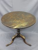 ANTIQUE MAHOGANY TILT TOP TRIPOD TABLE on a turned column base, 73cms H, 77cms diameter top